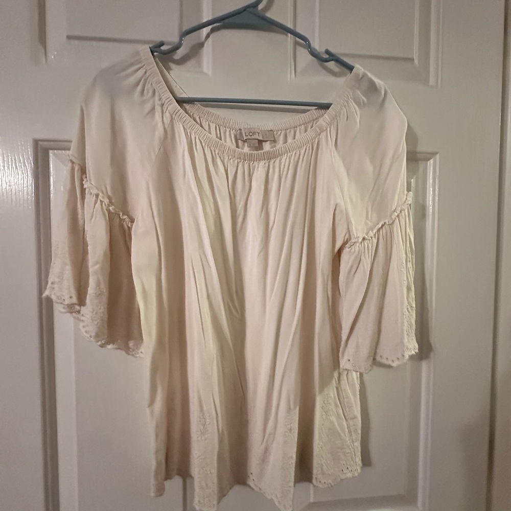 LOFT Cream Ruffled Bell Sleeve Blouse